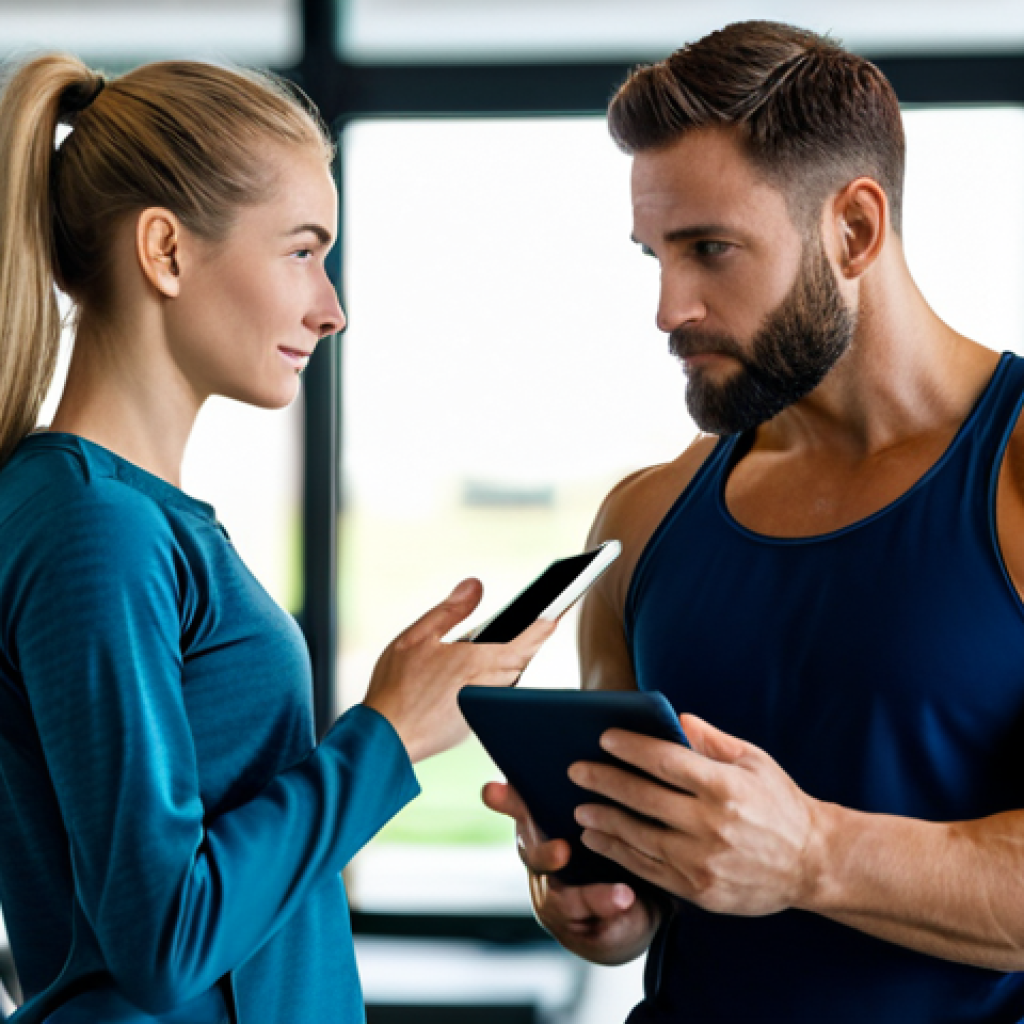 A professional health trainer and a client, both fully clothed in modest, appropriate athletic wear, engaged in an initial consultation in a brightly lit, modern gym setting. The trainer is calmly listening, holding a tablet, while the client looks attentive and hopeful. The background features blurred, clean gym equipment and natural light. Perfect anatomy, correct proportions, well-formed hands, natural pose, proper finger count, natural body proportions. High-resolution, professional photography, natural lighting. Safe for work, appropriate content, fully clothed, professional.