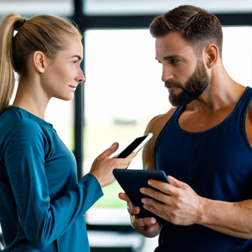 Home 11 A professional health trainer and a client, both fully clothed in modest, appropriate athletic wear, engaged in an initial consultation in a brightly lit, modern gym setting. The trainer is calmly listening, holding a tablet, while the client looks attentive and hopeful. The background features blurred, clean gym equipment and natural light. Perfect anatomy, correct proportions, well-formed hands, natural pose, proper finger count, natural body proportions. High-resolution, professional photography, natural lighting. Safe for work, appropriate content, fully clothed, professional.