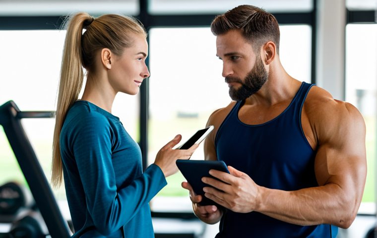 A professional health trainer and a client, both fully clothed in modest, appropriate athletic wear, engaged in an initial consultation in a brightly lit, modern gym setting. The trainer is calmly listening, holding a tablet, while the client looks attentive and hopeful. The background features blurred, clean gym equipment and natural light. Perfect anatomy, correct proportions, well-formed hands, natural pose, proper finger count, natural body proportions. High-resolution, professional photography, natural lighting. Safe for work, appropriate content, fully clothed, professional.